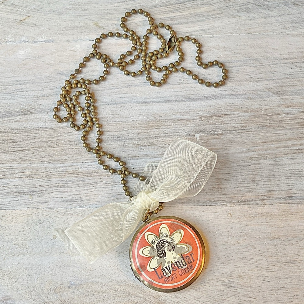 Vintage Retro Apothecary Beauty Locket Necklace 26in Lavender Skincare Ad